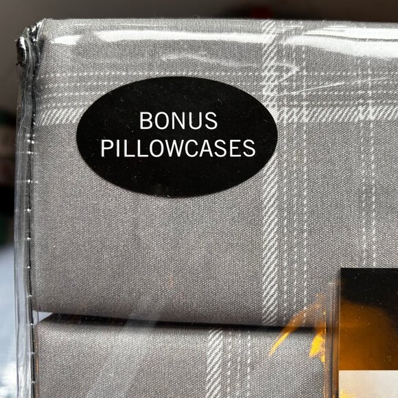 6-pc London Fog KING SIZE Sheet Set - GREY Plaid - 2 EXTRA PILLOWCASES - Picture 2 of 5